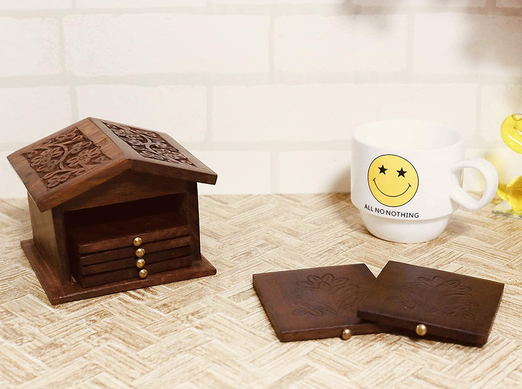 Wooden Table Coaster for Tea Cups Coffee Mugs/Beer Cans Bar Tumblers - Set of 6 (Brown)