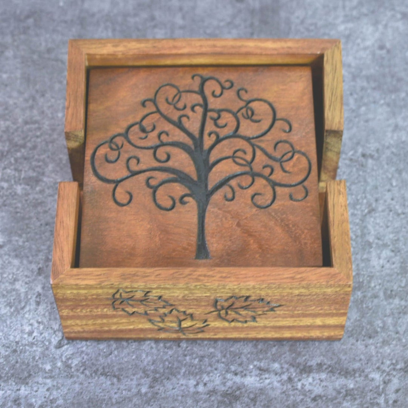 Natural Hardwood Drink Coasters -Hand carved  6 Pack, Coasters for Tea Cups Coffee Mugs Beer Cans Bar Tumblers and Water Glasses